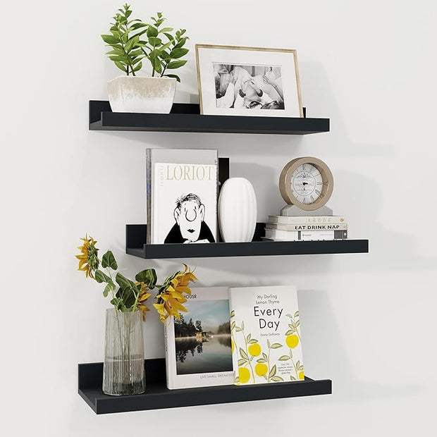 Axeman Picture Ledge Shelf | 16 Inch Black Floating Shelves Set of 3 | Rustic Wood Wall Shelves with Lip | 16" Black Picture Shelf for Wall with Ledge | Photo Shelves