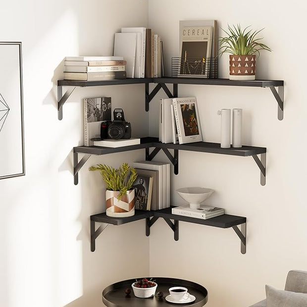 AMADA HOMEFURNISHING Wall Shelves Set of 6, Wood Floating Shelves for Decor, Rustic Farmhouse for Bedroom, Bathroom Storage, Book Shelves for Living Room, Black