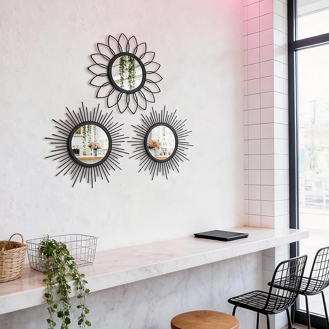 Set of 3 Black Metal Sunburst Wall Mirrors - 12