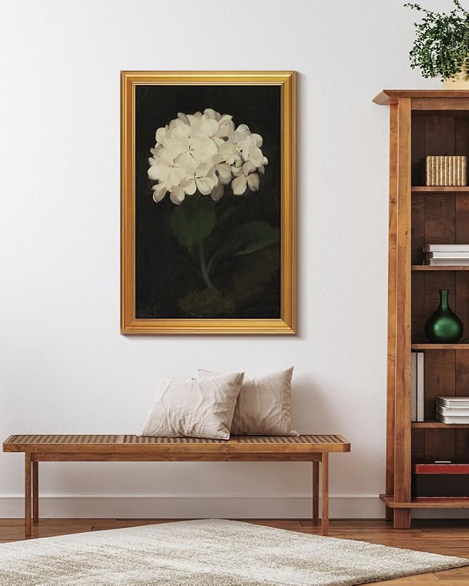 HUARCEY Gold Framed Vintage Wall Art for Living Room, Flowers Painting Canvas Print Shelf Decor for Kitchen, Aesthetic Bedroom Wall Art, Christmas Gifts for Friends or Family (White Hydrangea 24