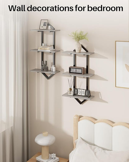 3 Tier Floating Shelves, Set of 2 Wall Shelves for Living Room, Modern Geometric Wooden Shelf for Wall Decor, Hanging Storage Shelf for Bedroom Bathroom Kitchen Home Office (Greige + Black)