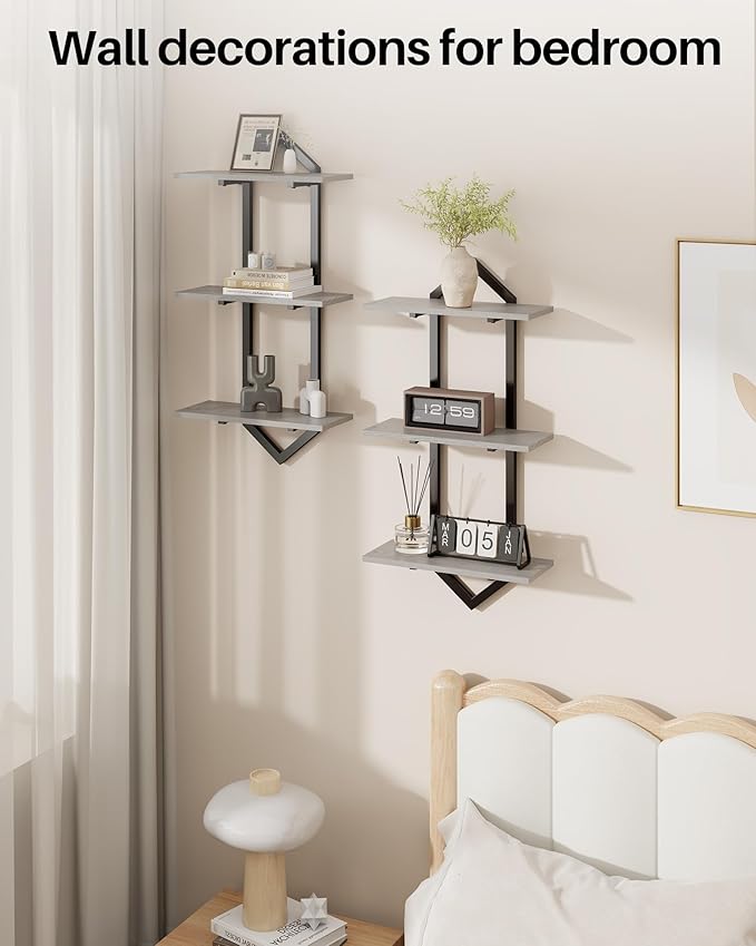 3 Tier Floating Shelves, Set of 2 Wall Shelves for Living Room, Modern Geometric Wooden Shelf for Wall Decor, Hanging Storage Shelf for Bedroom Bathroom Kitchen Home Office (Greige + Black)