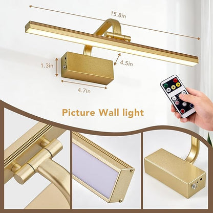 Picture Light,Picture Lights for Wall Cordless,16" Picture Lights with Timer and Dimmable,Battery Wall Lights for Display Gallery Painting Art Frame Portrait-L Gold