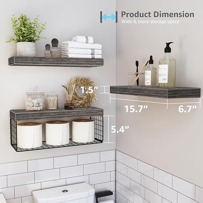 QEEIG Bathroom Shelves Over Toilet - Wall Mounted Floating Shelves Toilet Paper Storage Small Farmhouse Decor Shelf 16 inch Set of 3, Grey (019-GY3)