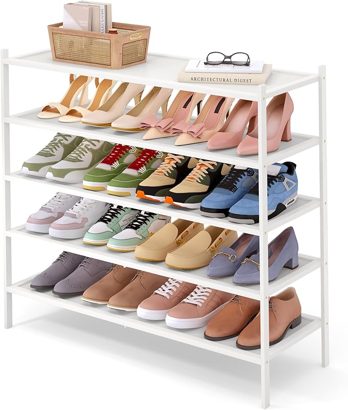 Smiry Bamboo Long Shoe Rack, 5 Tier Shoe Organizer for Entryway & Closet, Stackable Free Standing Storage Shelf for Shoes, Bags & Plants, White