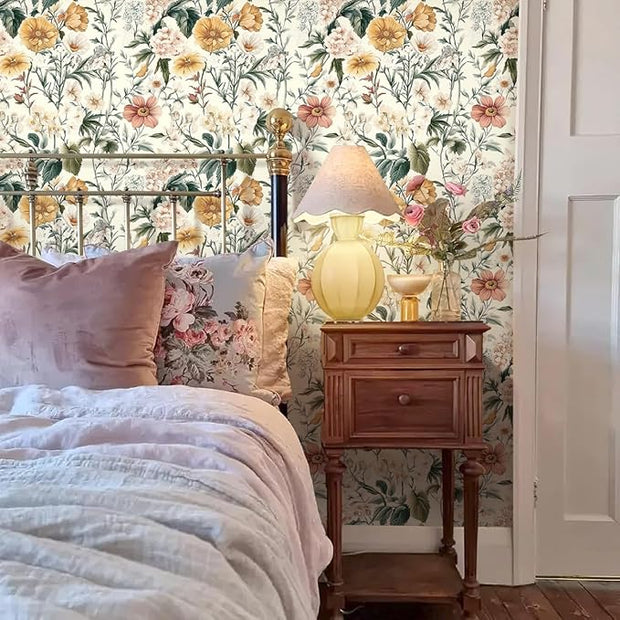 Livebor Vintage Floral Peel and Stick Wallpaper Floral Contact Paper 16.9"x590.5" Boho Neutral Wallpaper Peel and Stick Self Adhesive Wall Paper for Cabinets Bathroom Covering Wall Decorative Vinyl