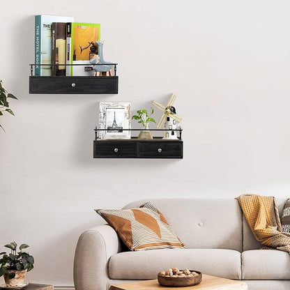 Floating Shelves - Wall Mounted Bathroom Shelf Set of 2 with Drawers, Rustic Wood Shelves for Bedroom, Living Room, Kitchen, Home Decor, Plants, Books (Black)