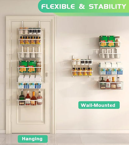 12 Inch Wide Narrow Over The Door Pantry Organizer, Pantry Organization and Storage, 6-Tier Metal Hanging Deep Basket Wall Spice Rack Seasoning Shelves, Home & Kitchen Essentials, White