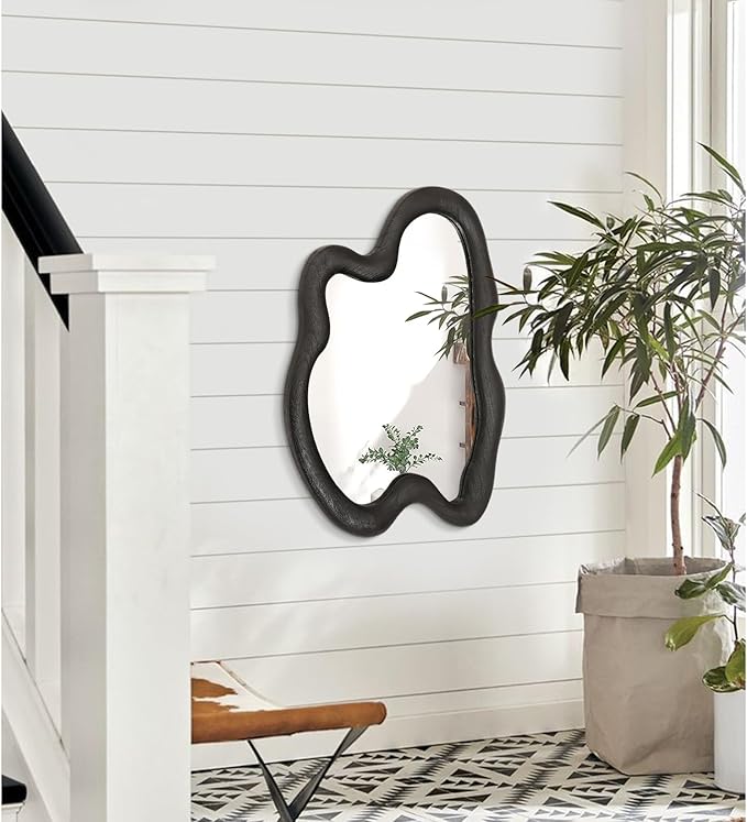 AAZZKANG Irregular Mirror Black Asymmetrical Wall Mounted Mirrors Large Modern Wood Frame Wall Mirror for Bathroom Bedroom Living Room Entryway 24"x16"