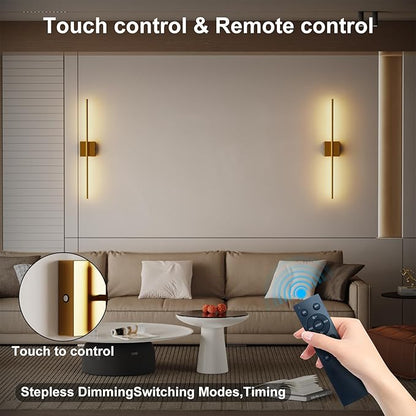 Shineled Wall Sconces Set of 2, 29'' Battery Wall Sconce with Remote Control, 350° Gold Rotatable Dimmable Wall Lamp, Wireless Wall Lights for Bedroom, Living Room