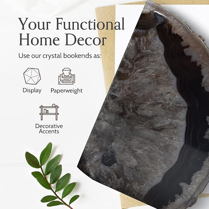Nature's Decorations A Quality Black Agate Geode Bookends - Heavy Duty with Non-Skid Rubber Bumpers for Shelves, Office, Home Decor - Cool Crystal Stone (1 Pair 4-6 LB)