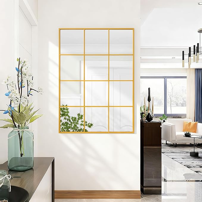 Large Rectangle Large Wall Mirror, Gold Metal Framed Mirror Golden Wall Mounted Decorative Mirrors for Living Room Bedroom Entryway 24x35 Inch Decor