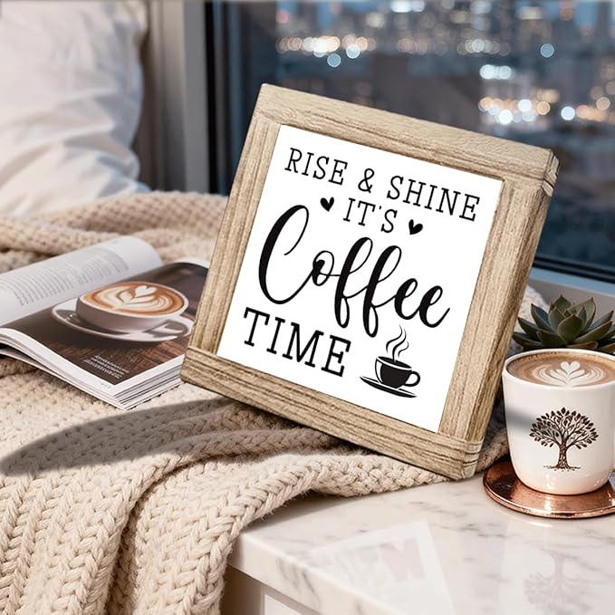 Wooden Coffee Sign Rise & Shine It's Coffee Time Farmhouse Coffees Bar Signs Rustic Wooden Sign Handmade Kitchen Wall Art Coffees Plaque for Home Office Kitchen Decoration 5.9x5.9 inches