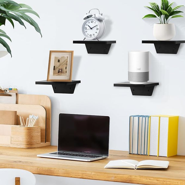 PHOENANCEE Small Floating Shelves,Speaker Shelf,Trapezoid Wall Shelf for Table Lamp Plants Display,Decorative Wood Ledges Chic for Living Room,Bedroom,Kitchen,Office,Pine,8x6 Inch,2 Pack(Black)