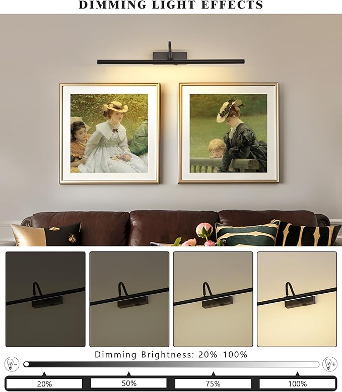 Black Picture Light, 24inch Wireless Picture Lights for Wall Rechargeable, 10000mAh Battery Wall Light with Remote, 3 Color Art Lighting for Paintings with Timer and Dimmable for Display, Gallery