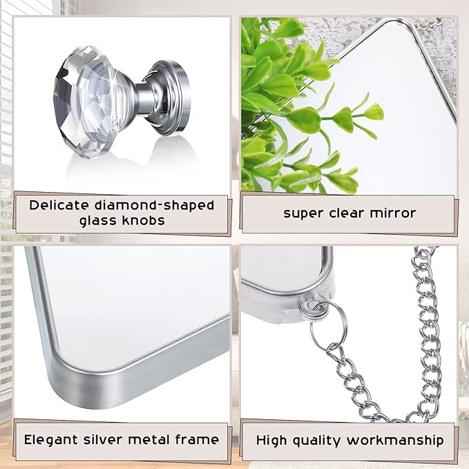 Suzile 6 Pcs Diamond Wall Mirror Set with Chain Hanging with Diamond Handle Frame Decorative Chain Mirror for Home Entryways Living Room Bathroom Farmhouse Wall Decor(Silver)