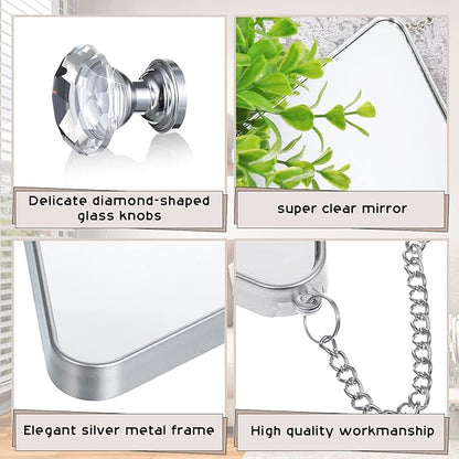 Suzile 6 Pcs Diamond Wall Mirror Set with Chain Hanging with Diamond Handle Frame Decorative Chain Mirror for Home Entryways Living Room Bathroom Farmhouse Wall Decor(Silver)