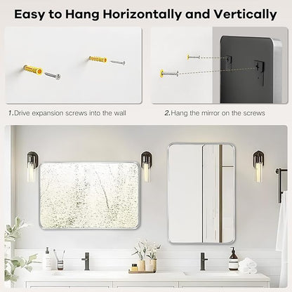 Bathroom Mirror Wall - 24x36 Inch Silver Framed Rectangular Mirror for Bathroom Over Sink, Brushed Metal Frame Mirrors for Restroom, Entryway