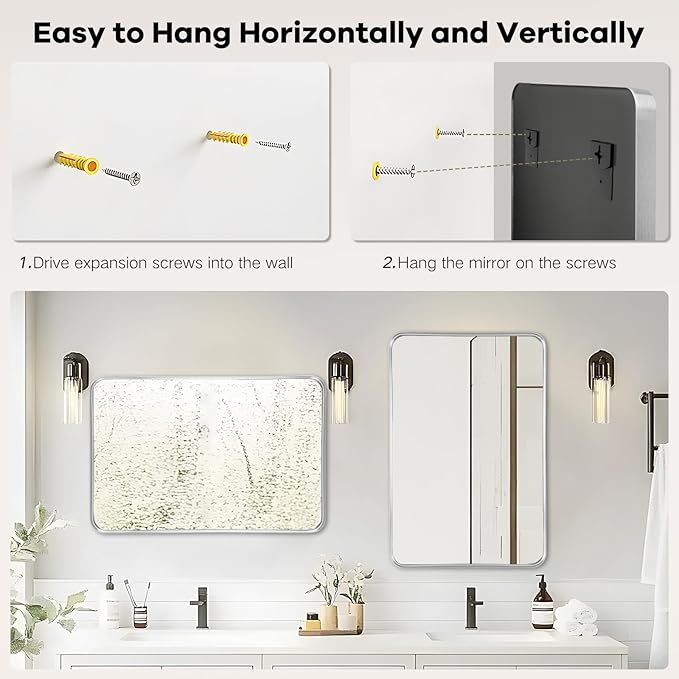 Bathroom Mirror Wall - 24x36 Inch Silver Framed Rectangular Mirror for Bathroom Over Sink, Brushed Metal Frame Mirrors for Restroom, Entryway