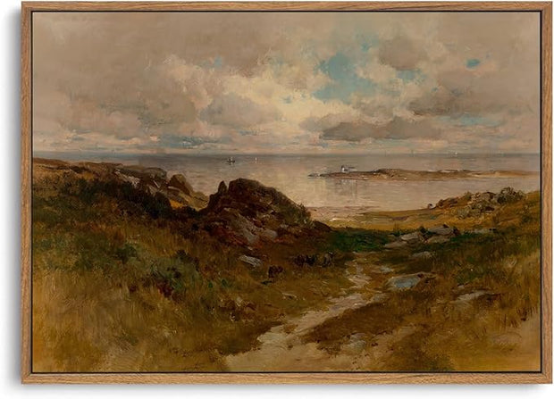 OIQArtOIQ Framed Vintage Landscape Wall Art Coast Natural Scenery Oil Painting Canvas Prints Country Farmhouse Aesthetic Decor Pictures for Kitchen Bedroom Living Room Bathroom