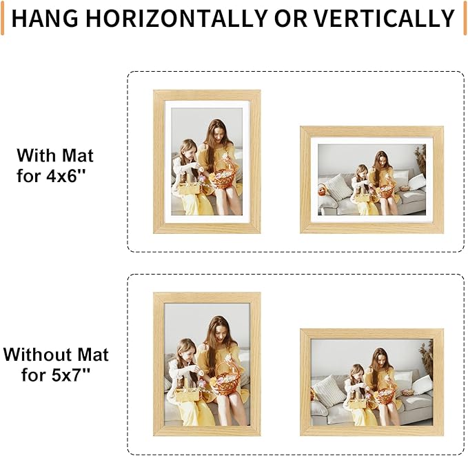 ATOBART 5x7 Picture Frame Set of 4, Displays 4x6 with Mat or 5x7 Without Mat, Photo Frames for Wall Hanging or Tabletop, Includes HD Plexiglass, Natural Wood Grain