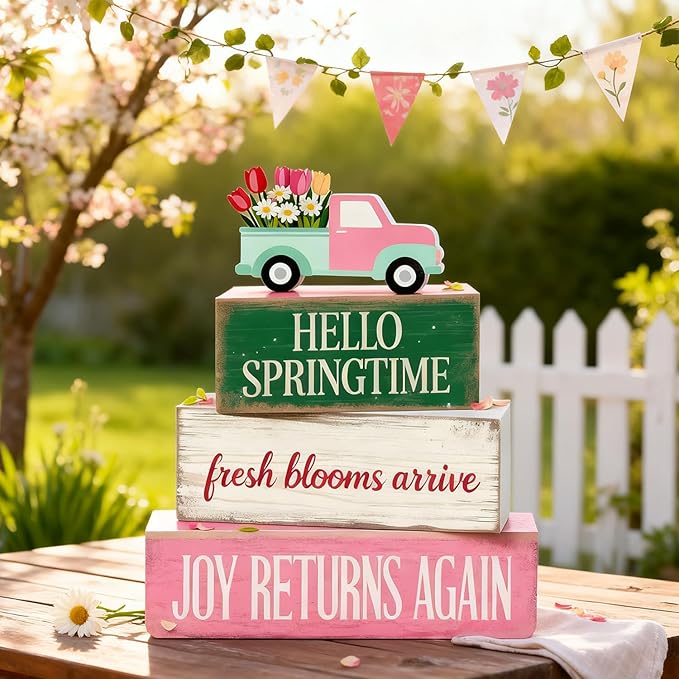Spring Decoration Wooden Tiered Tray Decor – Floral Spring Truck Stacked Block Sign with Tulip Pickup Topper – Farmhouse Tabletop Spring Decor for Living Room Shelf Seasonal Home Display
