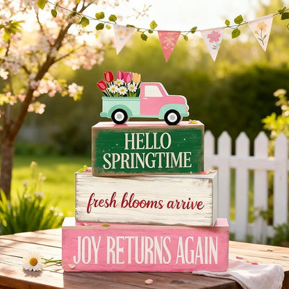Spring Decoration Wooden Tiered Tray Decor – Floral Spring Truck Stacked Block Sign with Tulip Pickup Topper – Farmhouse Tabletop Spring Decor for Living Room Shelf Seasonal Home Display
