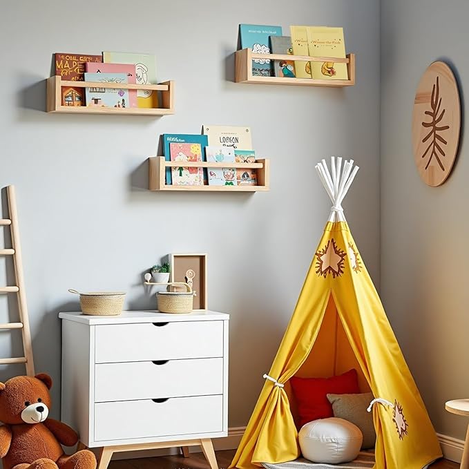 3 Pack Nursery Shelves, 16.5 Inch Nursery Book Shelve, Solid Wood Wall Mounted Shelve for Books, Floating Shelves for Wall Books Living Room Kids Room Decor(Natural Wood)