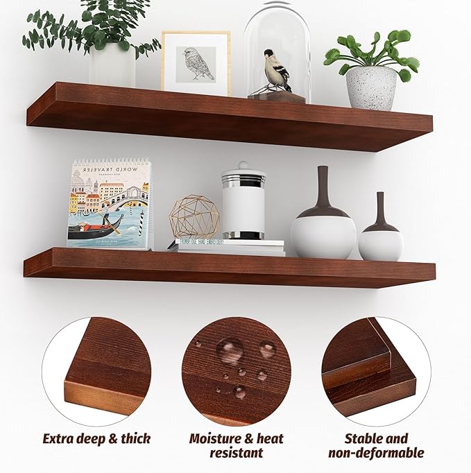 Floating Shelves (Set of 2) – Wall Mounted Shelves for Home Décor and Storage, Natural Pine Wood, Suitable for Living Room and Bedroom (Brown, 23.6" x 5.7" x 1.0")