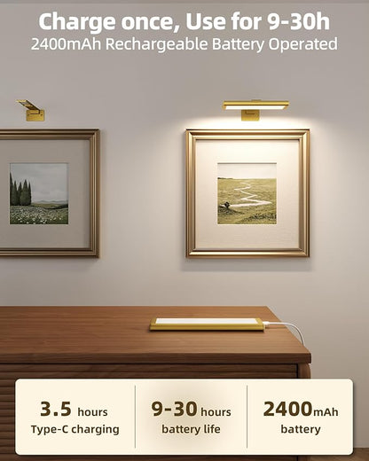 EZVALO Picture Light for Wall, Rechargeable 2400mAh Battery Lights Wireless Remote, 3 Color & Dimmable Magnetic 7.87'' LED Lights Display for Painting, Living Room, Gallery, Bedroom(Gold-3P)