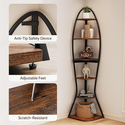Artistic Fish-Inspired Corner Shelf with LED Lights, 6-Tier Tall Corner Bookshelf with Multi-Depth Display, Space-Saving Storage Unit with Remote Control for Bedroom & Living Room