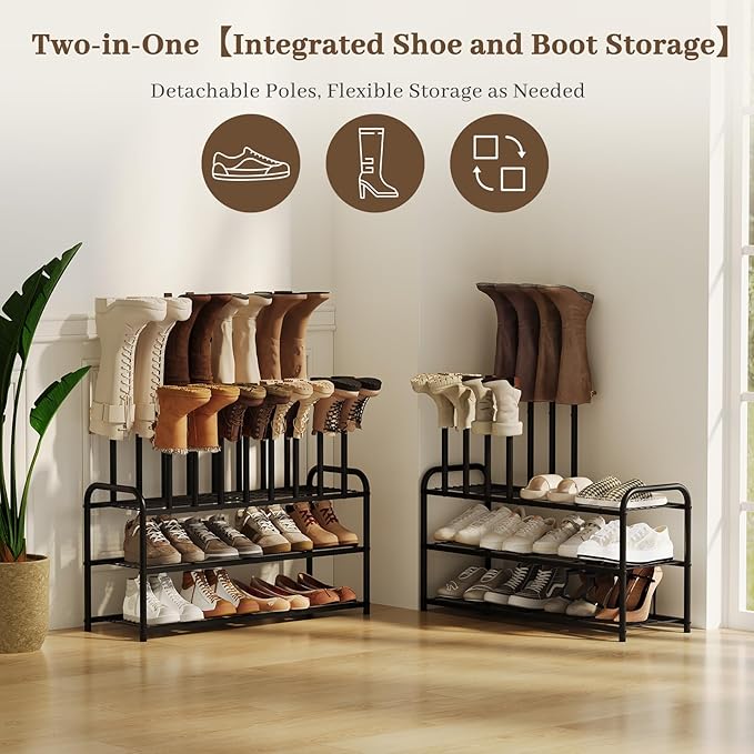 Shoe Rack - 3-Tier Metal Boot Rack Organizer for Entryway, Closet & Garage, Free Standing Shoe Shelf for Storage Tall Boots, Sneakers, Cowboy Boots, Black (Large - 8 Pairs)