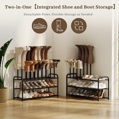Shoe Rack - 3-Tier Metal Boot Rack Organizer for Entryway, Closet & Garage, Free Standing Shoe Shelf for Storage Tall Boots, Sneakers, Cowboy Boots, Black (Large - 8 Pairs)