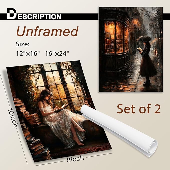 NCYEL 2Pcs Dark Academy Canvas Wall Art Painting Book Reading Print Vintage Style Drawing Gothic Poster Girl Street Scene Picture Library Study Bedroom Decor Literature Gallery 16x24 Inch Unframed