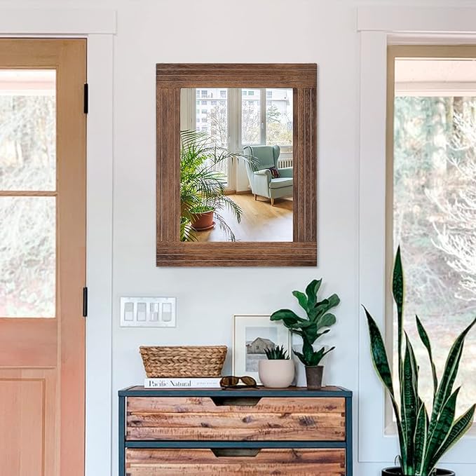 Wood Mirror Rectangular Framed Rustic Vintage Mirrors Decor Farmhouse Bedroom Bathroom Mirror for Dressing Table Entrance Large 20