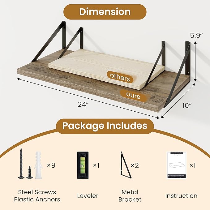 Deep Floating Shelves,24" Wx10 D Floating Shelf for Wall Set of 2,Hanging Storage Shelf with Metal Brackets,Wide Display Wall Shelves for Living Room,Bedroom,Bathroom,Kitchen,Grey
