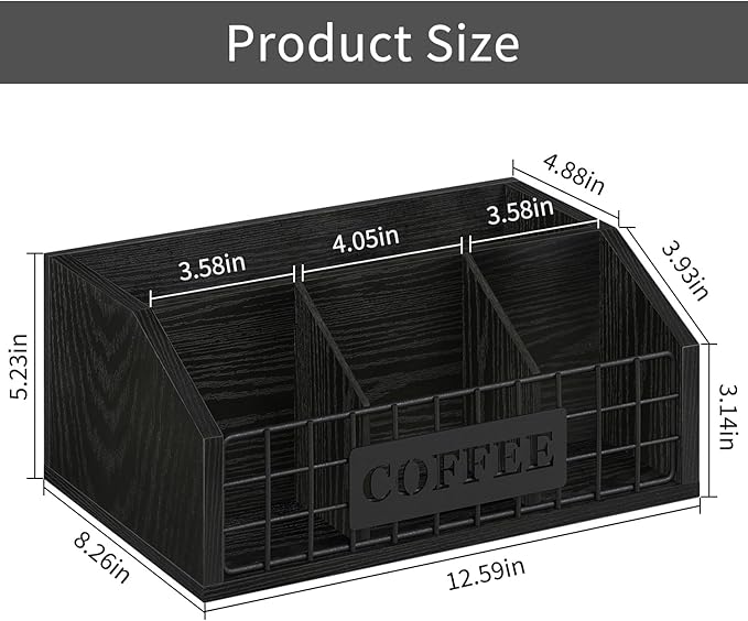 YINMIT Coffee Station Organizer for Countertop, Wood Coffee Bar Organizer with Removable Dividers for Pods, Syrup, Cups, Stirrer, Tea - Office Bar Accessories, Iron Wire-Black