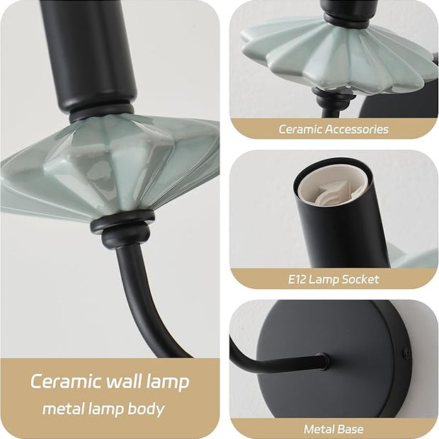 Modern Retro Wall sconces Set of Two with Green Ceramic Flower Decoration,Black Wall Lights, Hardwired Vintage Vanity Light for Bathroom, Living Room, Bedroom, and hallways.
