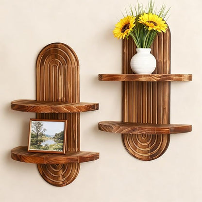 Artilady 2 Pack Wood Wall Hanging Shelves Boho Floating Shelf 2 Tier Handmade Rainbow Arch Vintage Wooden Wall Decor Trinket Storage Rack for Bedroom Living Room Nursery Bathroom