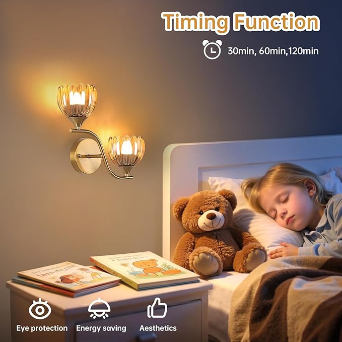 Battery Operated Wall Sconce, 2-Lights Vinatge Brass Wall Lighting with Amber Tluip Shade Rechargeable Bulb with Remote for Living Room, Bedroom，Symmetrical 2 Pack