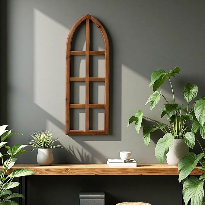 Sintosin Rustic Arch Window Frames for Wall Decor Living Room 12 X 36 Inch, Hanging Burning Finished Wooden Farmhouse Window Frame above Bed Wall Art, Handmade Vintage Wall Decor for Kitchen Hallway