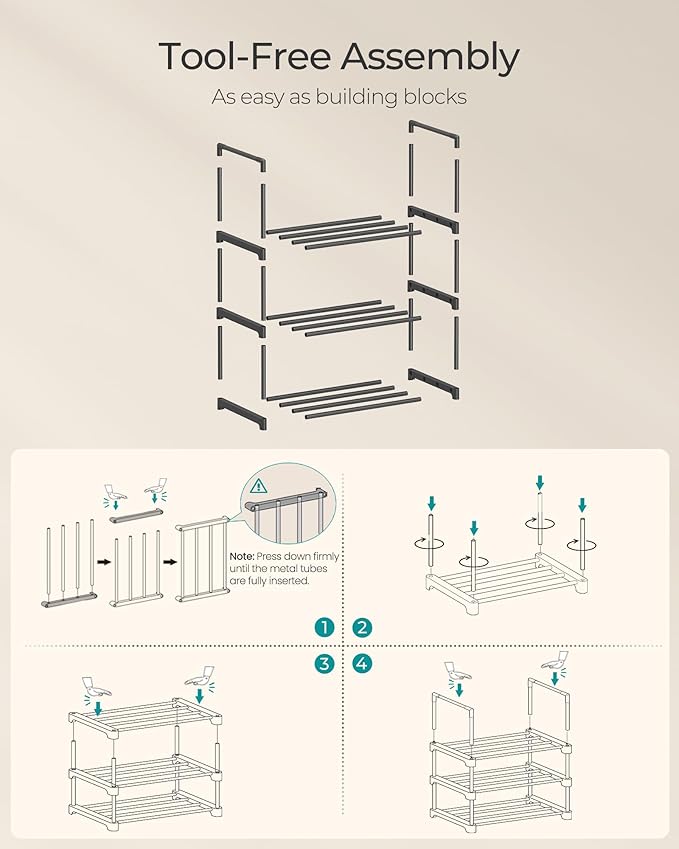 SONGMICS Shoe Rack, 3-Tier Shoe Organizer, Metal Storage Shelf, Upright or Upside Down, for 4-8 Pairs, Stackable, for Entryway, 11.8 x 16.7 x 21.5 Inches, Black ULSA003B01
