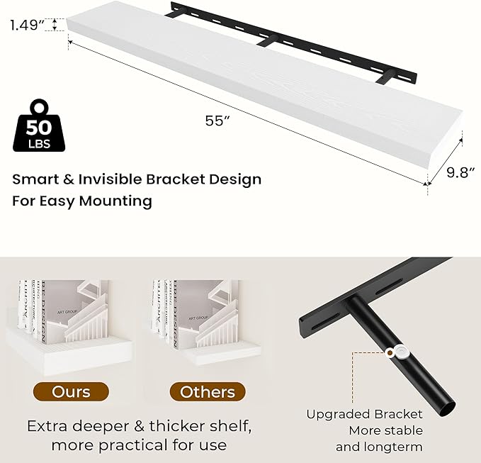 Dreamland 55 Inches Floating Shelves for Wall, 9.8" Deep Long Floating Shelves Set of 2, Large Display & Storage Shelf, Wall Shelf for Bathroom Bedroom Living Room Kitchen Office, White