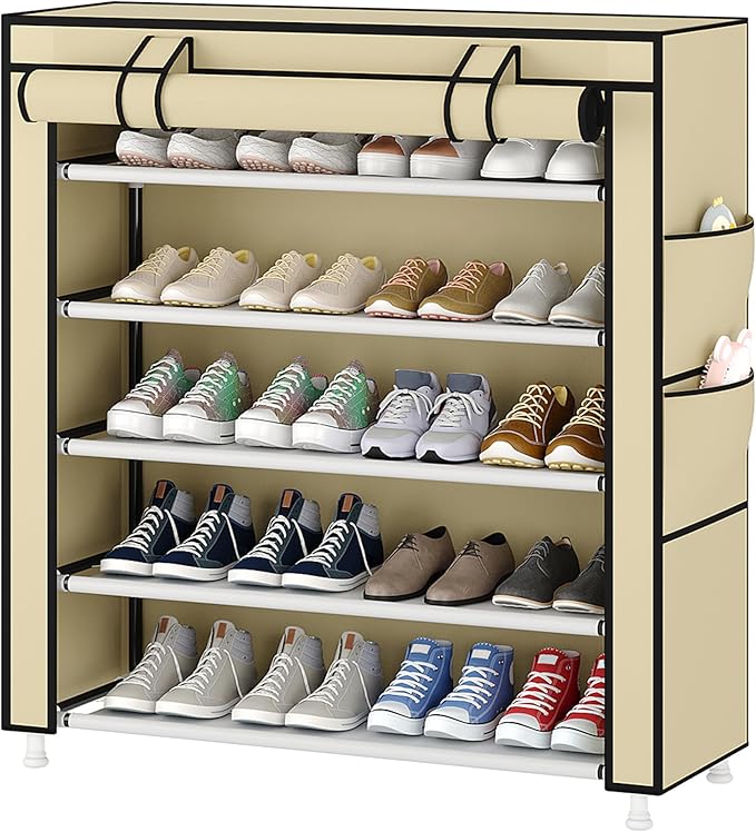 Laiensia 5-Tier Vertical Shoe Rack Organizer, Space Saving Shoe Storage Organizer, Non-Woven Cover Shoe Shelf Holds 20-25Pairs for Bedroom, Hallway, Closet Entryway, Beige