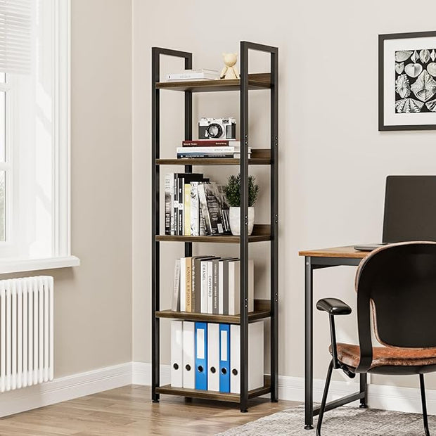 NUMENN Narrow Bookshelf, 5 Tier Bookshelves, Home Office Bookcase Shelf Storage Organizer, Free Standing Storage Shelving Unit for Bedroom, Living Room and Home Office, Dark Walnut