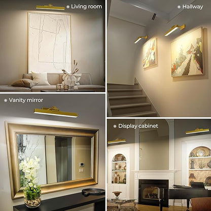 Picture Lights for Wall, Battery Operated Picture Light 16in Art Light CCT Dimmable Recharging Battery Wall Light with Remote Control for Living Room Gallery Gold 2PCS