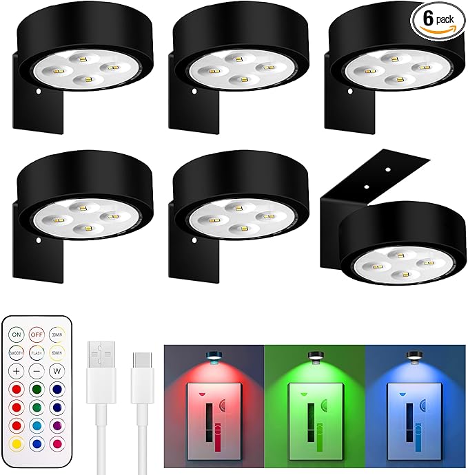 maylit 6 Pack RGBW Picture Lights for Wall, Rechargeable Battery Magnetic Poster Lights, Remote Dimmable Timer Painting Light, Wireless Wall Room Decor Light for Art Display, Frame, Black