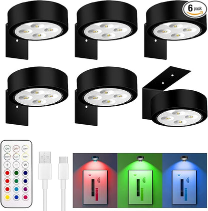 maylit 6 Pack RGBW Picture Lights for Wall, Rechargeable Battery Magnetic Poster Lights, Remote Dimmable Timer Painting Light, Wireless Wall Room Decor Light for Art Display, Frame, Black