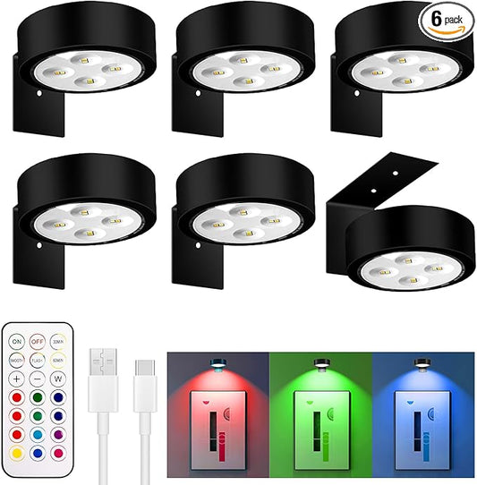 maylit 6 Pack RGBW Picture Lights for Wall, Rechargeable Battery Magnetic Poster Lights, Remote Dimmable Timer Painting Light, Wireless Wall Room Decor Light for Art Display, Frame, Black
