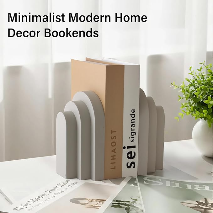 Heavy Duty Book Ends for Shelves, Decorative Bookends for Heavy Books Set of 2, 6.6 LBS Modern Book Stopper for Home Decor, Bookshelf, Aesthetic Bookend with Layered Arch Design, Gray